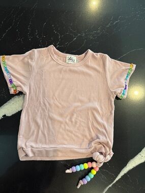 Lola + The Boys Dusty Pink Ribbed Tee with Rainbow Bead Trim